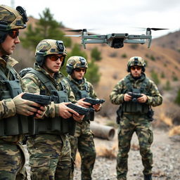 Military personnel dressed in Russian pixelated camouflage uniforms, actively operating Mavic drones in an outdoor setting