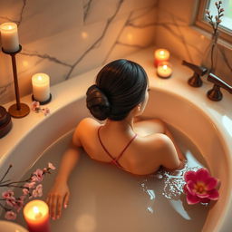 A sexy and gorgeous Japanese woman relaxing in a beautifully designed bathtub, surrounded by soft candlelight and delicate flowers