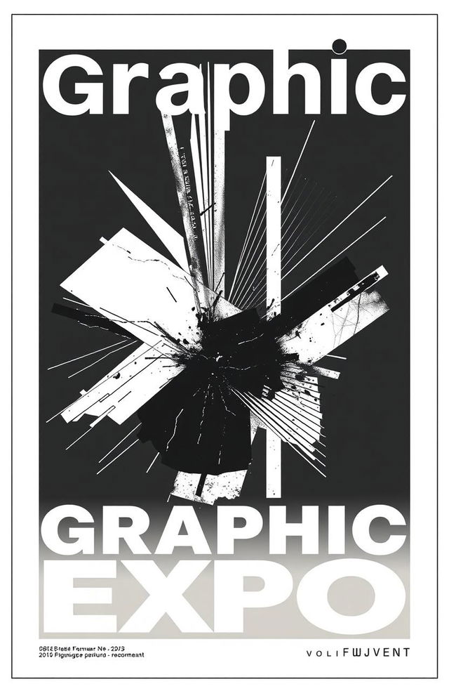 A square black and white cover for an art album titled 'Graphic Expo', featuring modern graphic elements such as bold geometric shapes, abstract lines, and a dynamic composition that captivates the eye