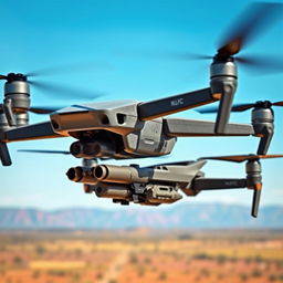 A Mavic drone and an FPV (First Person View) drone equipped with munitions, showcasing their military capabilities