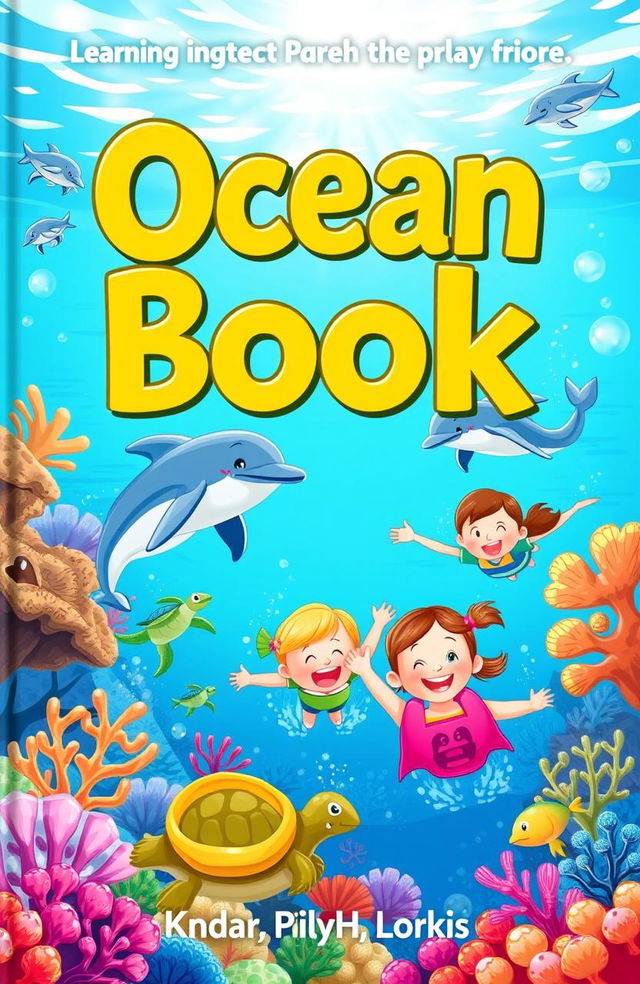 A whimsical children's book cover featuring a colorful underwater scene with friendly sea creatures like dolphins and turtles encouraging playful exploration