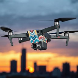 A Mavic drone designed in a striking chevron pattern style, featuring bold geometric shapes and vibrant colors