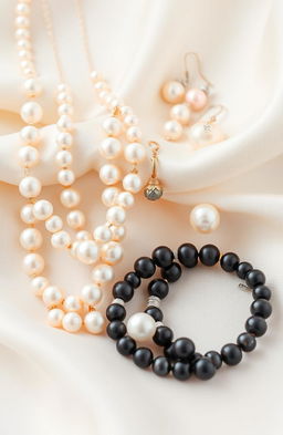 A stunning poster showcasing elegant pearl jewelry elegantly displayed on a soft, luxurious fabric background