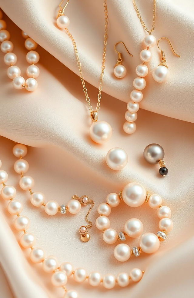 A stunning poster showcasing elegant pearl jewelry elegantly displayed on a soft, luxurious fabric background