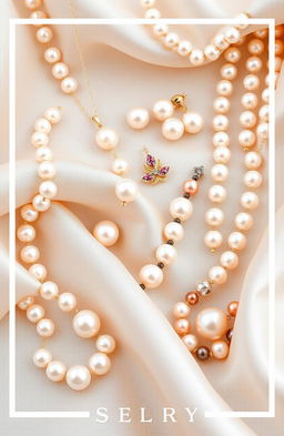 A stunning poster showcasing elegant pearl jewelry elegantly displayed on a soft, luxurious fabric background