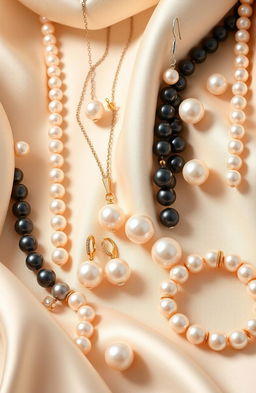 A stunning poster showcasing elegant pearl jewelry elegantly displayed on a soft, luxurious fabric background