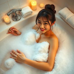 A sexy, seductive, and gorgeous Japanese woman immersed in a luxurious bathtub, surrounded by bubbles and soft foam