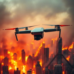 A Mavic drone soaring majestically above a city engulfed in flames, creating a dramatic and intense scene