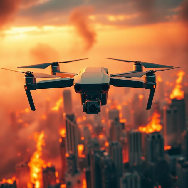 A Mavic drone soaring majestically above a city engulfed in flames, creating a dramatic and intense scene