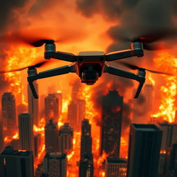 A Mavic drone soaring majestically above a city engulfed in flames, creating a dramatic and intense scene