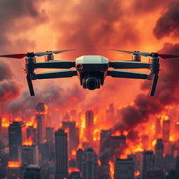 A Mavic drone soaring majestically above a city engulfed in flames, creating a dramatic and intense scene