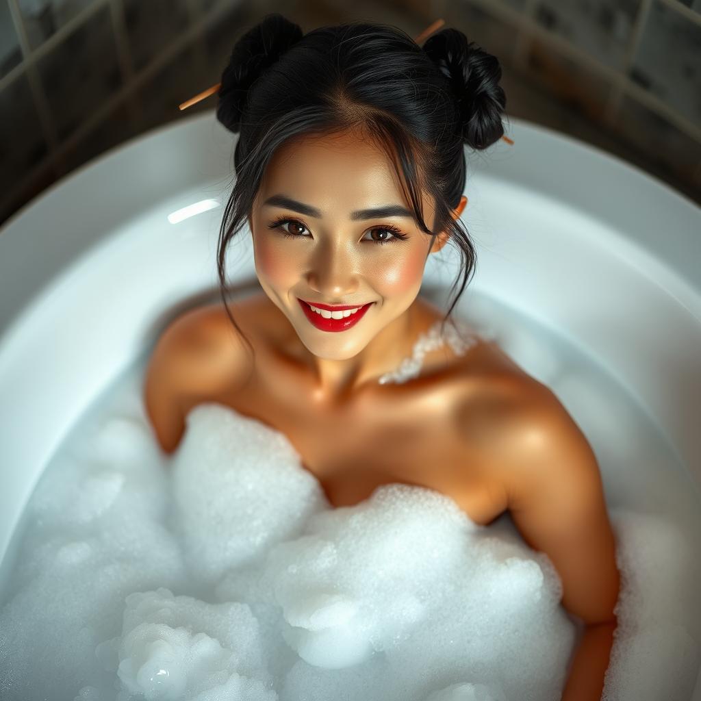 A gorgeous Japanese woman with a seductive smile, sitting in a luxurious bathtub filled with bubbles