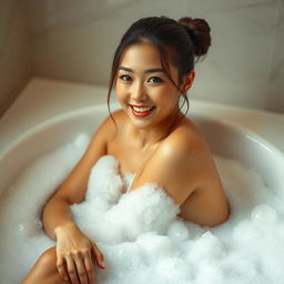 A gorgeous Japanese woman with a seductive smile, sitting in a luxurious bathtub filled with bubbles