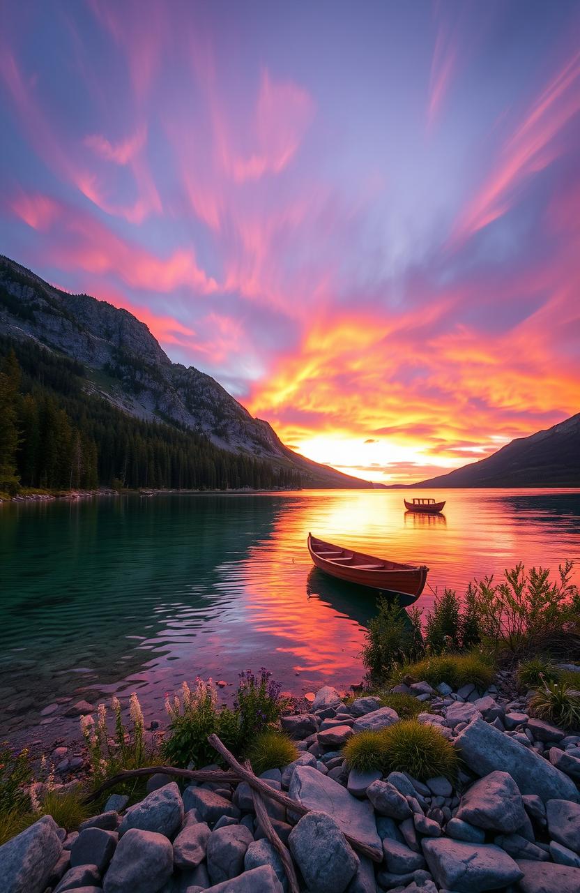 A majestic sunset over a tranquil mountain lake, with vibrant orange and pink hues reflecting off the water, surrounded by lush green pine trees and rugged hills