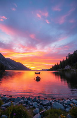 A majestic sunset over a tranquil mountain lake, with vibrant orange and pink hues reflecting off the water, surrounded by lush green pine trees and rugged hills