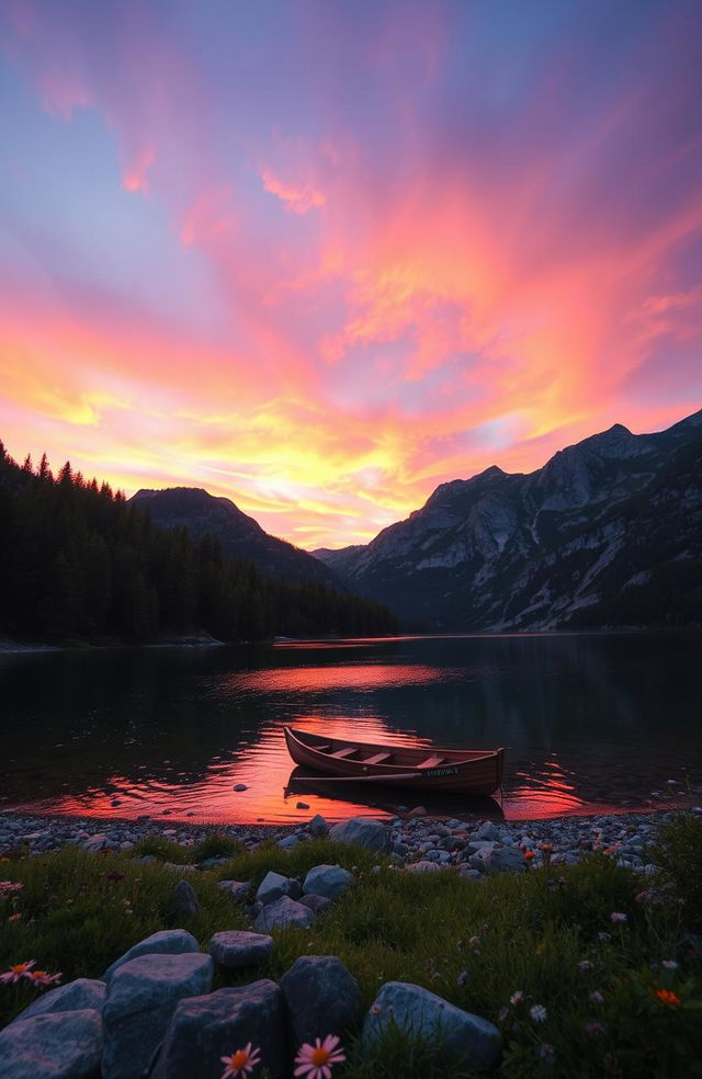 A majestic sunset over a tranquil mountain lake, with vibrant orange and pink hues reflecting off the water, surrounded by lush green pine trees and rugged hills