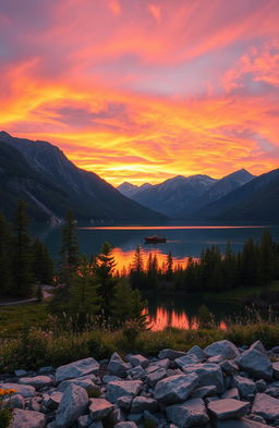 A majestic sunset over a tranquil mountain lake, with vibrant orange and pink hues reflecting off the water, surrounded by lush green pine trees and rugged hills