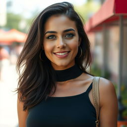 A full-height portrait of a 35-year-old female with tanned skin and dark hair