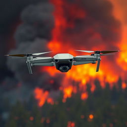 A DJI Mavic drone soaring high against a dramatic background of a forest engulfed in flames, with bright orange and red flames contrasting against the dark smoke rising into the sky