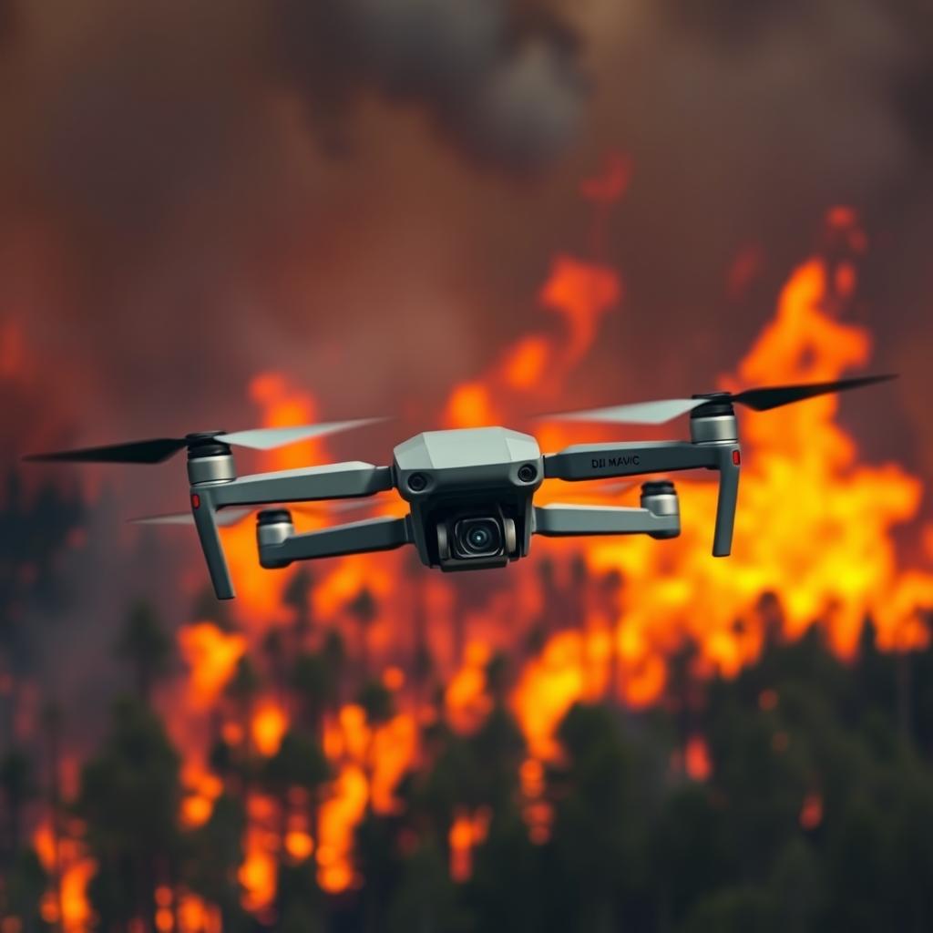 A DJI Mavic drone soaring high against a dramatic background of a forest engulfed in flames, with bright orange and red flames contrasting against the dark smoke rising into the sky