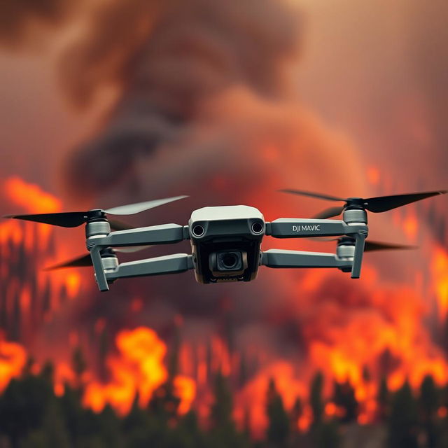 A DJI Mavic drone soaring high against a dramatic background of a forest engulfed in flames, with bright orange and red flames contrasting against the dark smoke rising into the sky