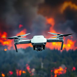 A DJI Mavic drone soaring high against a dramatic background of a forest engulfed in flames, with bright orange and red flames contrasting against the dark smoke rising into the sky