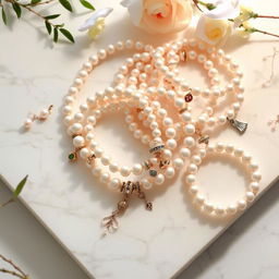 An aesthetically pleasing display of pearl bracelets arranged artfully on a marble surface