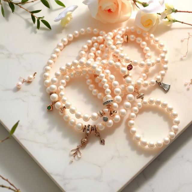 An aesthetically pleasing display of pearl bracelets arranged artfully on a marble surface