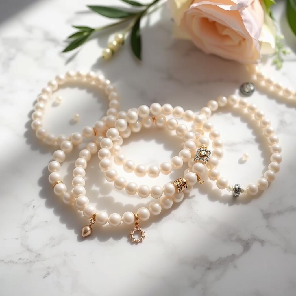 An aesthetically pleasing display of pearl bracelets arranged artfully on a marble surface