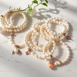 An aesthetically pleasing display of pearl bracelets arranged artfully on a marble surface