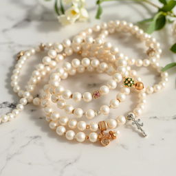 An aesthetically pleasing display of pearl bracelets arranged artfully on a marble surface