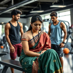 A sad 24-year-old woman wearing a traditional saree, sitting on a gym bench, her expression one of deep contemplation and sadness