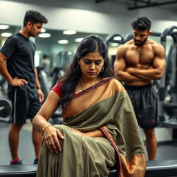 A sad 24-year-old woman wearing a traditional saree, sitting on a gym bench, her expression one of deep contemplation and sadness