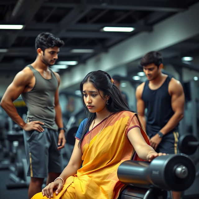 A sad 24-year-old woman wearing a traditional saree, sitting on a gym bench, her expression one of deep contemplation and sadness