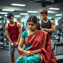 A sad 24-year-old woman wearing a traditional saree, sitting on a gym bench, her expression one of deep contemplation and sadness