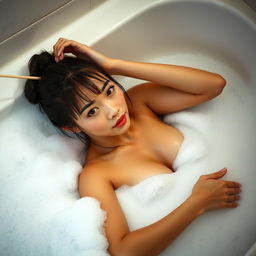 A sexy and seductive Japanese woman in a luxurious bathtub filled with bubbles, styled with her hair in a chopstick bun
