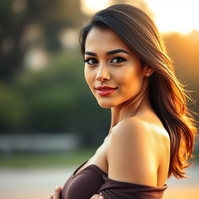 A full-height portrait of a 35-year-old woman with tanned skin and dark hair