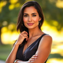 A full-height portrait of a 35-year-old woman with tanned skin and dark hair