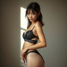 A stunning Japanese woman in elegant black lingerie, exuding confidence and seduction