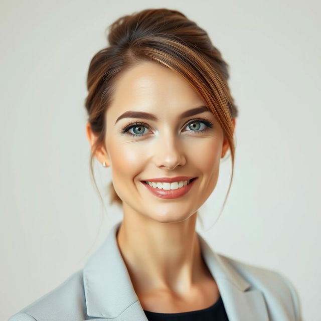 A photograph of an attractive and natural European woman aged between 30 to 45, showcasing soft makeup