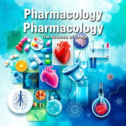 A vibrant and visually engaging cover page for a pharmacology textbook, featuring a collage of various images related to pharmacology