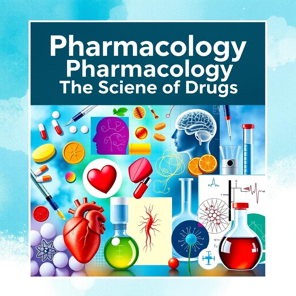 A vibrant and visually engaging cover page for a pharmacology textbook, featuring a collage of various images related to pharmacology