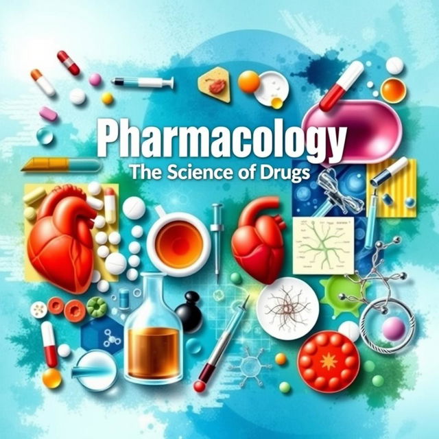 A vibrant and visually engaging cover page for a pharmacology textbook, featuring a collage of various images related to pharmacology