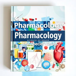 A vibrant and visually engaging cover page for a pharmacology textbook, featuring a collage of various images related to pharmacology