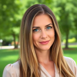 A woman aged 30-35 with long, silky hair and striking blue eyes, showcasing a light makeup look that highlights her features