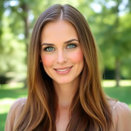 A woman aged 30-35 with long, silky hair and striking blue eyes, showcasing a light makeup look that highlights her features
