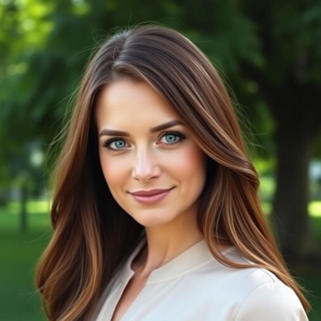 A woman aged 30-35 with long, silky hair and striking blue eyes, showcasing a light makeup look that highlights her features