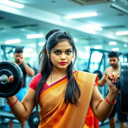 A 25-year-old Tamil girl in a colorful saree showcasing a dramatic expression, lifting weights in a modern gym