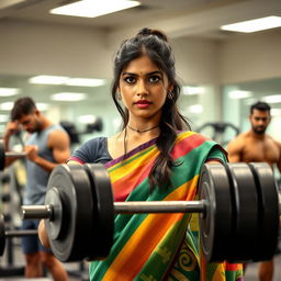 A 25-year-old Tamil girl in a colorful saree showcasing a dramatic expression, lifting weights in a modern gym