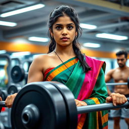 A 25-year-old Tamil girl in a colorful saree showcasing a dramatic expression, lifting weights in a modern gym